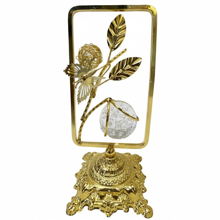 Luxury Golden Crystal Flower Showpiece with Ornate Frame & Sparkling Glass Orb