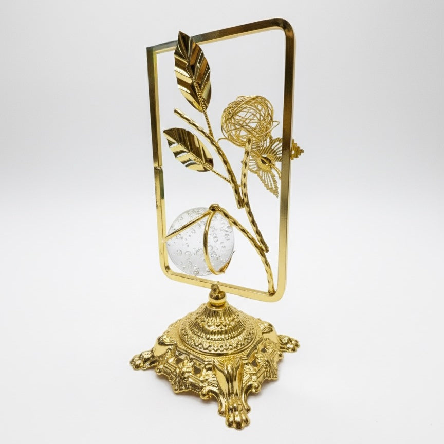 Luxury Golden Crystal Flower Showpiece with Ornate Frame & Sparkling Glass Orb