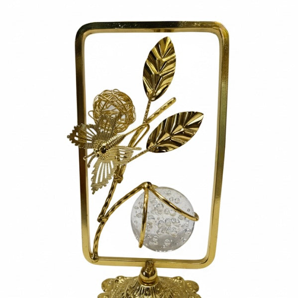 Luxury Golden Crystal Flower Showpiece with Ornate Frame & Sparkling Glass Orb