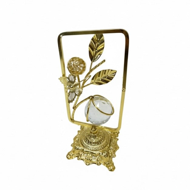 Luxury Golden Crystal Flower Showpiece with Ornate Frame & Sparkling Glass Orb